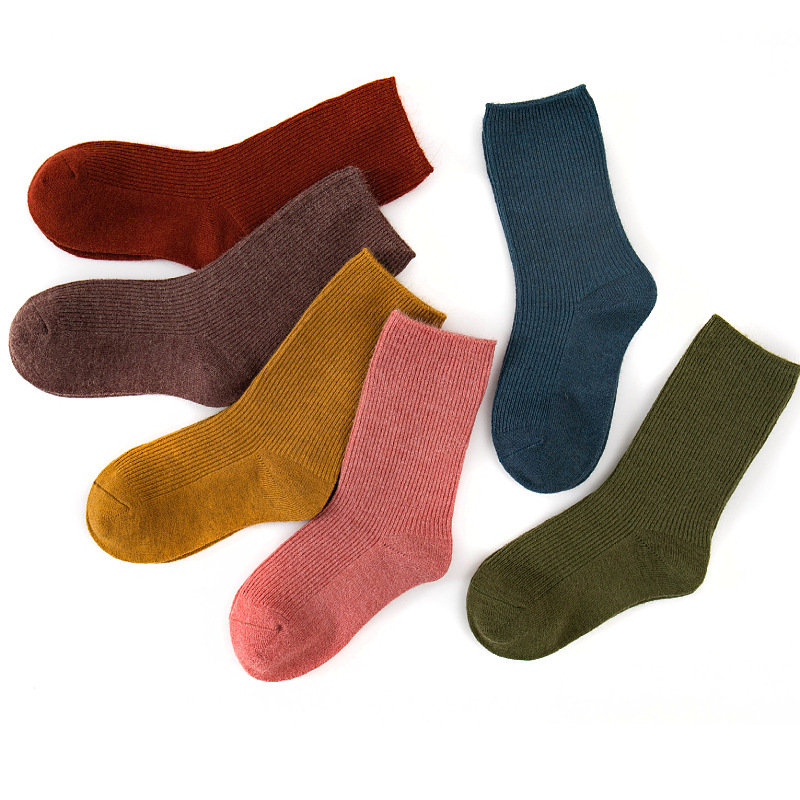Children's autumn and winter mid-length stockings wool socks double needle strip retro solid color boys and girls pile socks warm socks Korean style