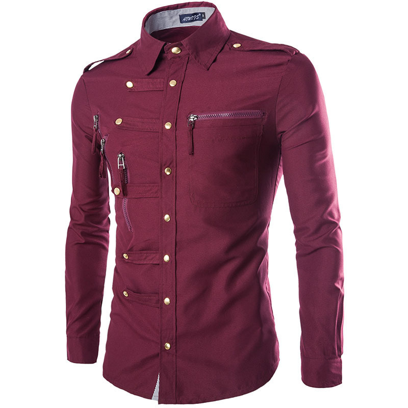 Large size new recommended European and American domineering slim long sleeve shirt men's shirt complex multi button shirt