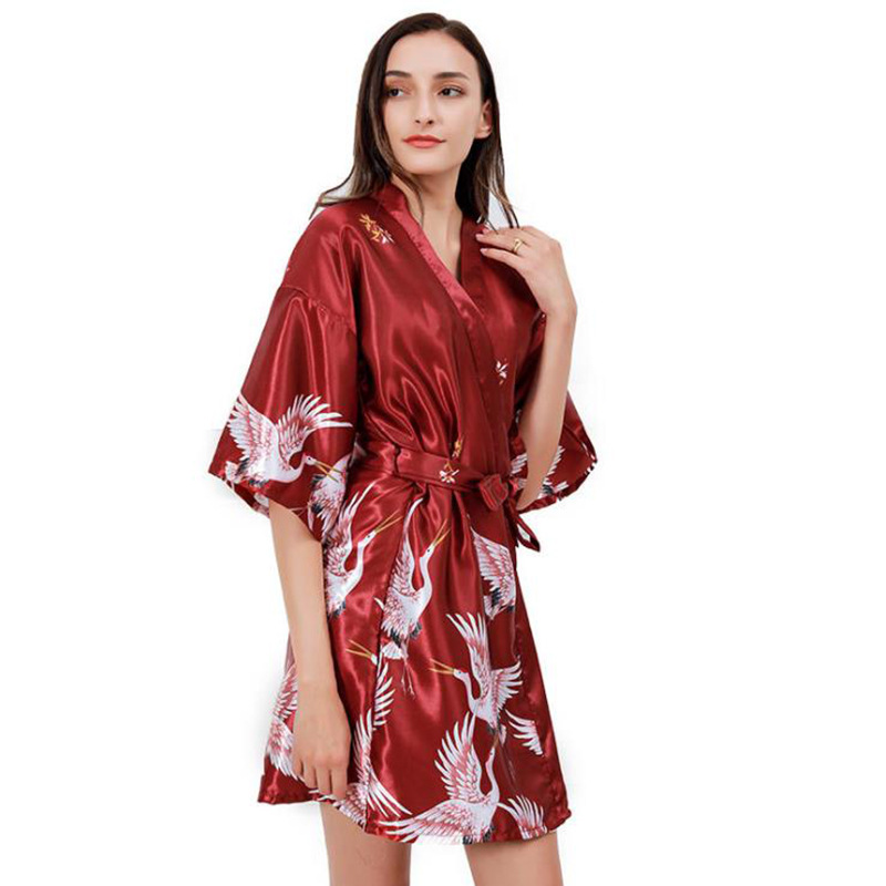 Amazon 2020 Summer Silk-like Women's Nightgown Cross-border Crane Short Printed Pajamas Women's Bathrobe Morning Gown