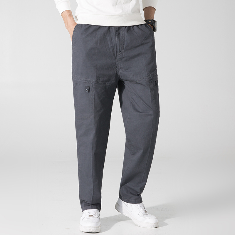 Cross-border Fat Guy Workwear Trousers Solid Color Large Size Workwear Multi-pocket Trousers Middle-aged Solid Color Washed Casual Trousers for Men