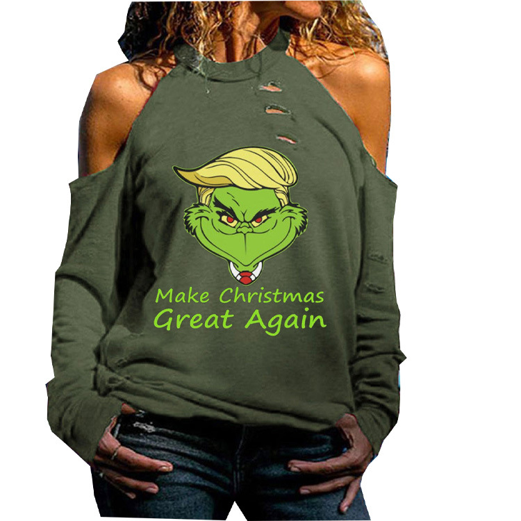 2020 New Independent Station European and American Best Selling Women's Shoulder Irregular Long Sleeve T-shirt Christmas Printed Funny T-shirt