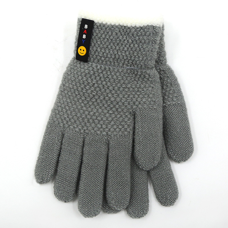 Outdoor Riding Children's Gloves Spring Student Five-finger Gloves Warm Wool Smiley Finger Gloves Wholesale 6-10 Years Old