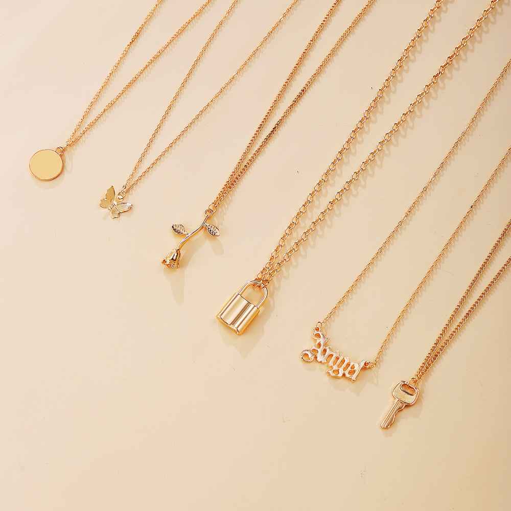 multi-layer necklace creative simple lock rose pendant necklace suit 6 pack_voghion.com