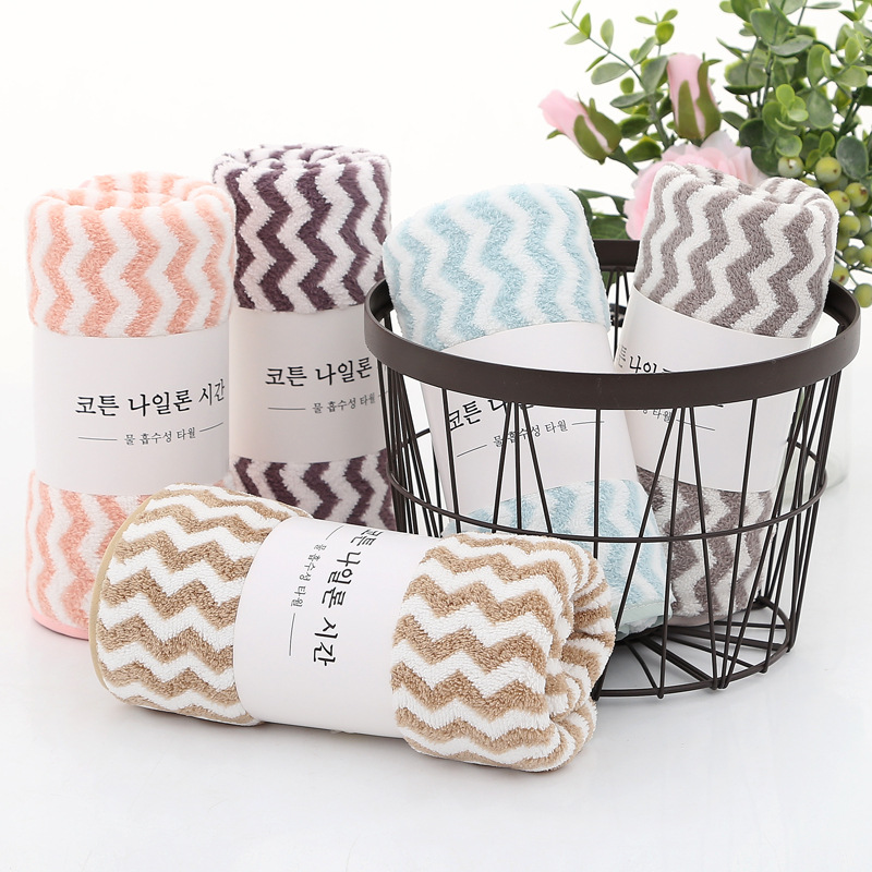 35*75 coral fleece warp knitting stripes cationic towel strong absorbent beauty salon Korean towel thickened cross-border