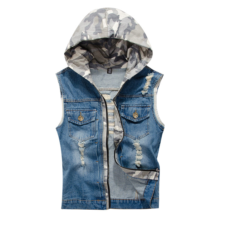 New Korean men's ripped denim vest hooded denim vest men's camouflage denim vest a generation of hair
