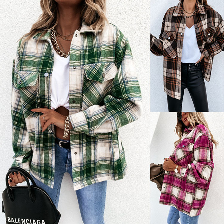 ebay AliExpress wis ins Internet Popular Autumn and Winter Loose Casual Retro Plaid Long Sleeve Shirt Jacket for Women