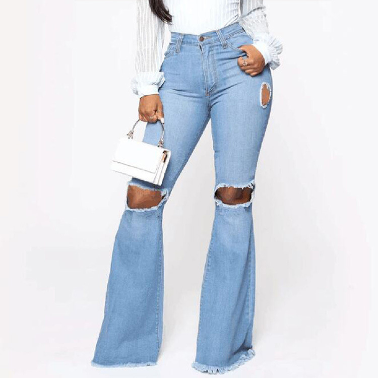 Fall 2020 European and American cross-border women's jeans ripped slim fit micro flared pants women's pants women's jeans