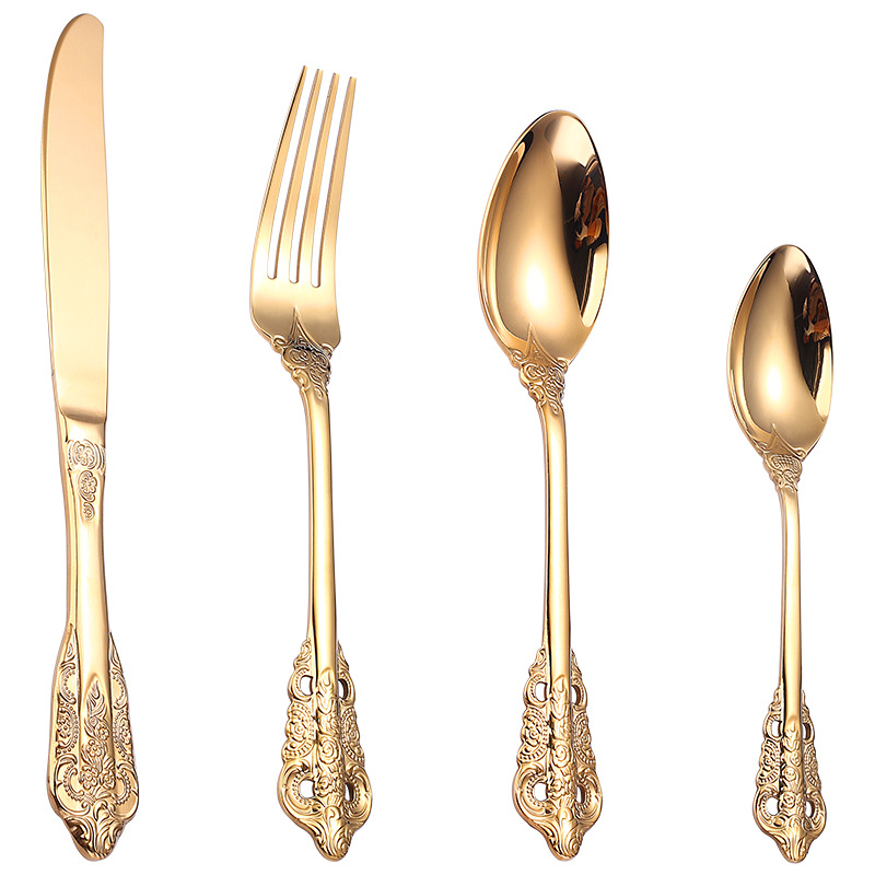 Creative spoon 304 court Western tableware high-grade gold-plated stainless steel knife, fork and spoon 4-piece vintage embossed tableware set