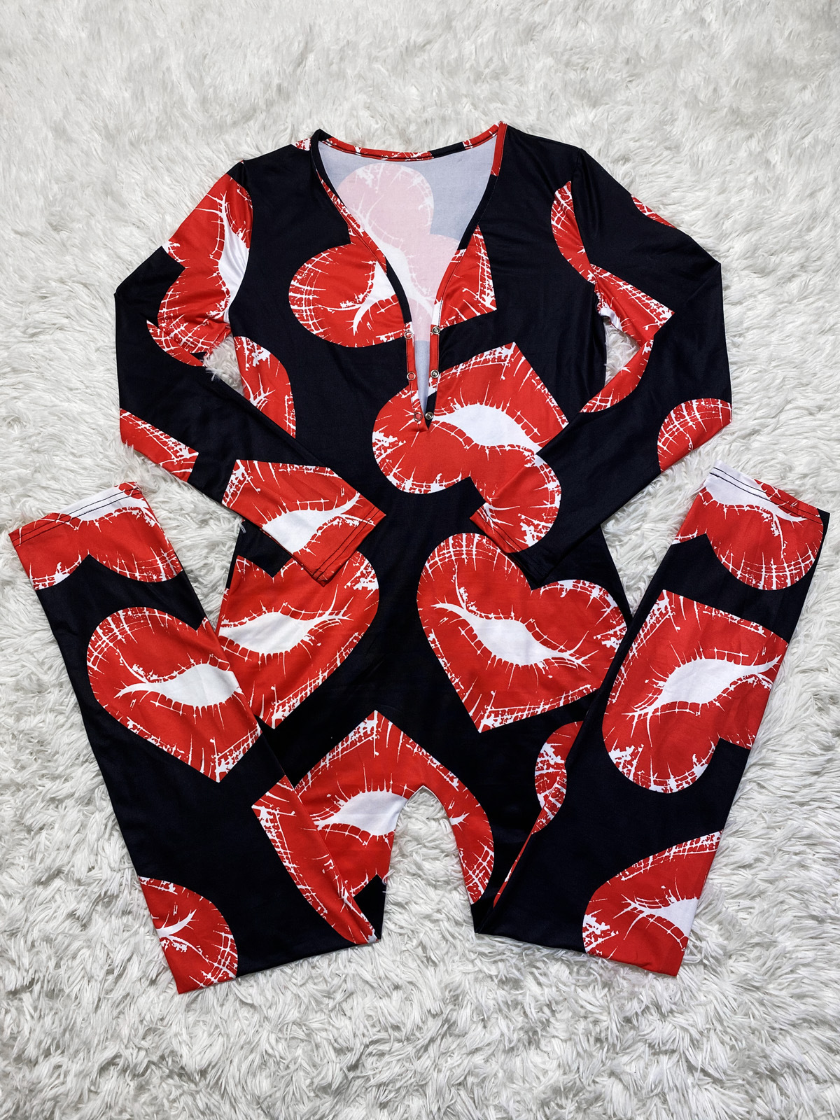 D9461 Amazon Hot Cross-border European and American Women's Casual Lip Print Long Sleeve Trousers Home Jumpsuit