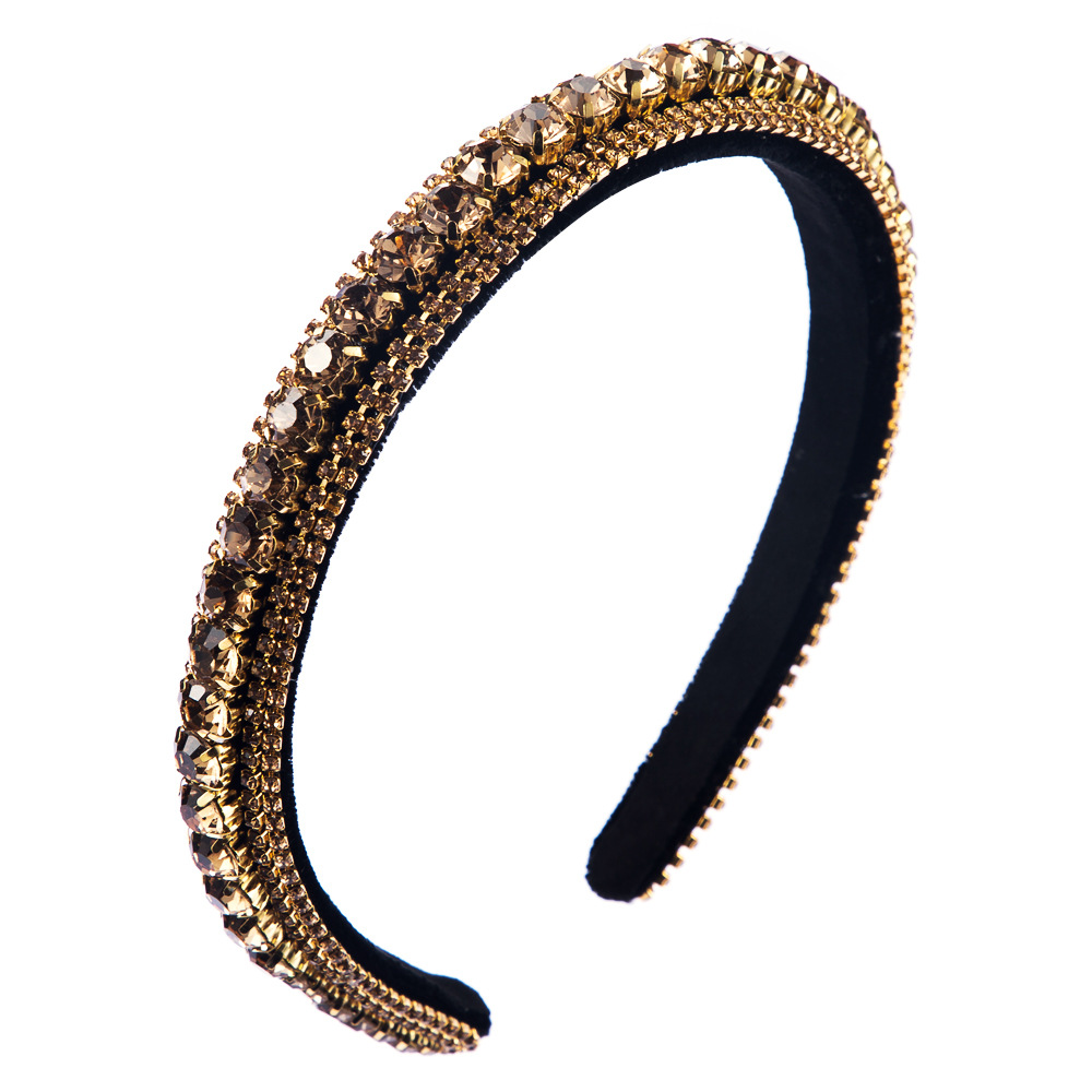 Cross-border new European and American temperament trend all-match hairband multi-layer glass drill full diamond gold velvet fashion fine edge headband