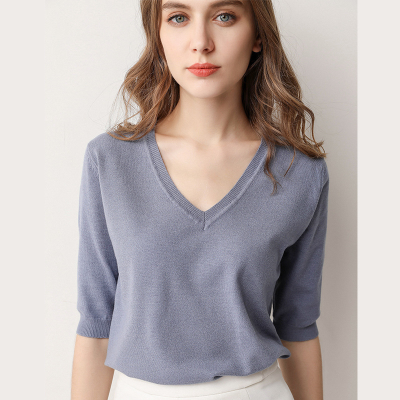 Summer Short-sleeved Women's T-shirt Women's Western-style Sweater Knitted Shirt V-neck Half-sleeve Trendy Korean-style Loose Base Shirt T-shirt