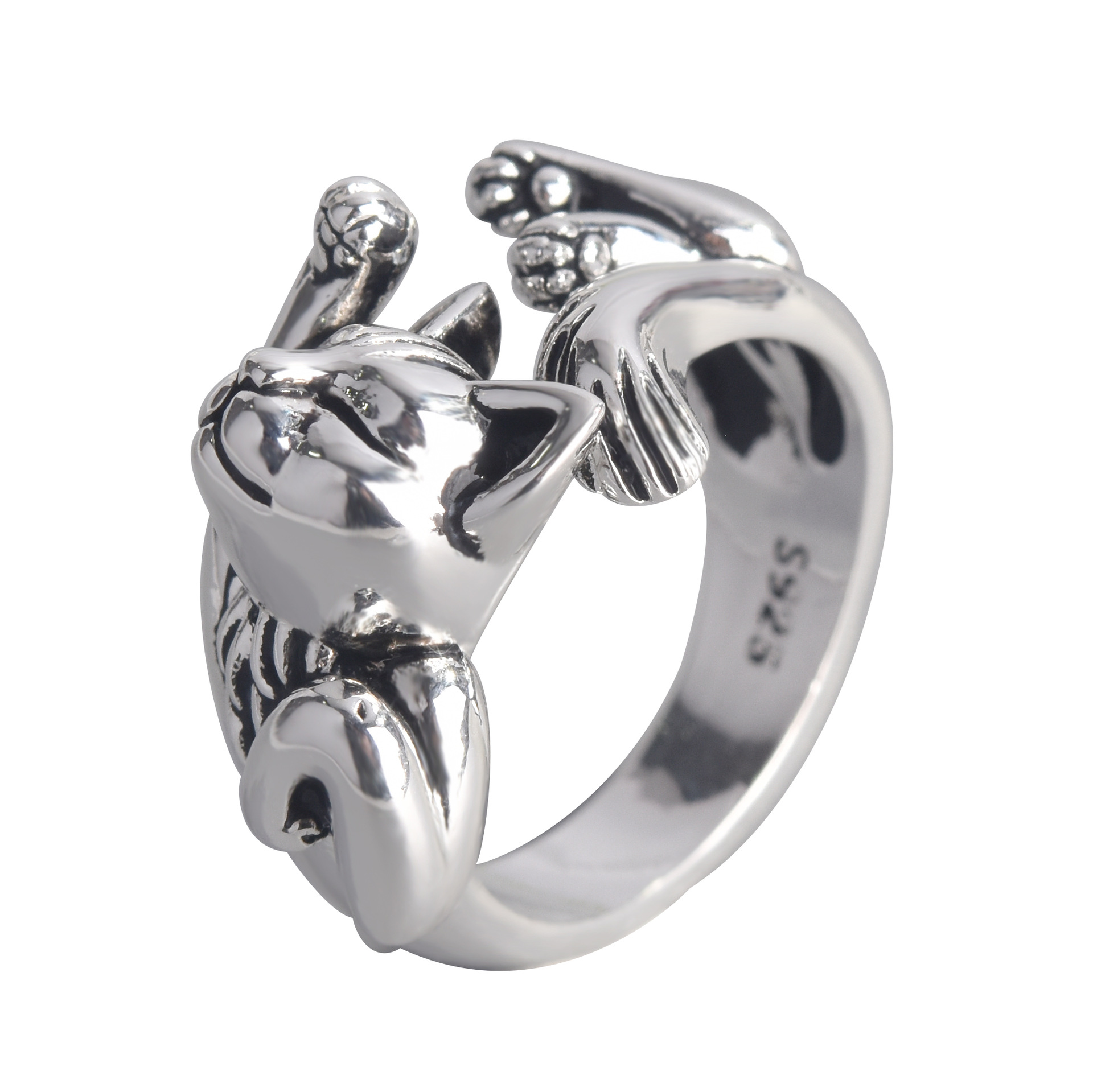 Zhen Rong wish new kitten opening ring Europe and the United States plated 925 retro Thai silver black live cat totem ring