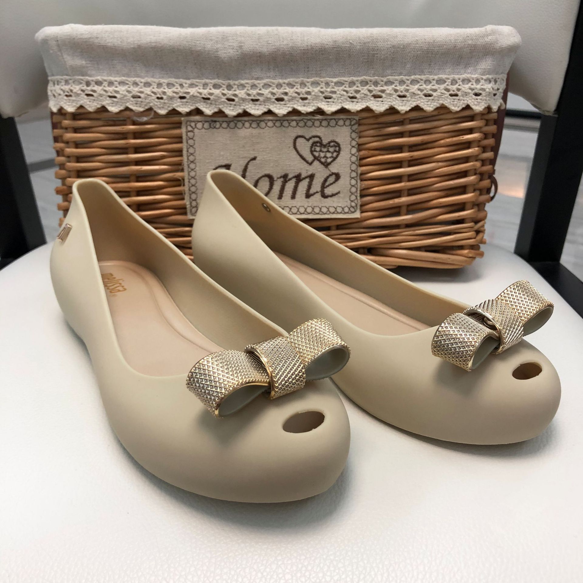 Melissa Same Style Metal Bow Jelly Shoes Low Mouth Flat Women's Single Shoes Fish Toe Sandals Inner Height Increase for Holiday