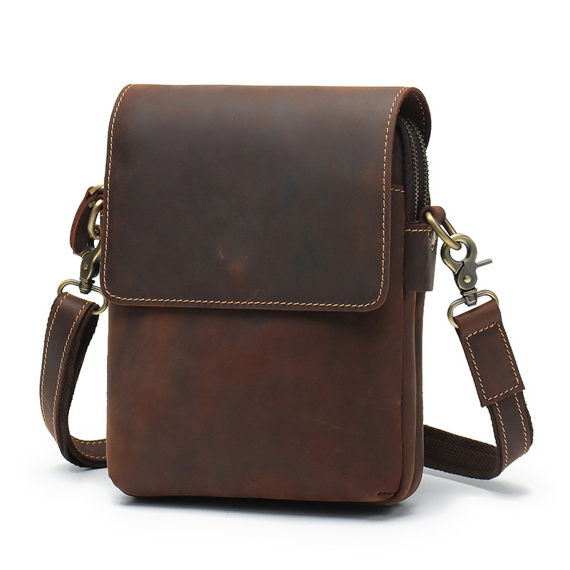 Factory Batch Handmade Crazy Horse Leather Men's Bag Shoulder Bag Men's Cowhide Vertical Simple Vintage Genuine Leather Crossbody Bag Men's Backpack