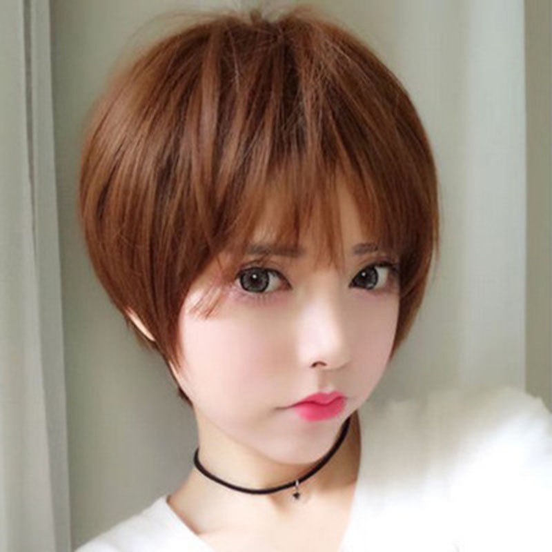 Wig Women's Short Hair Hanging Ear Dyeing and Ironing Comic Air Bangs Medium Long Hair Natural Full Head Cover Bobo Head Clavicle Hair