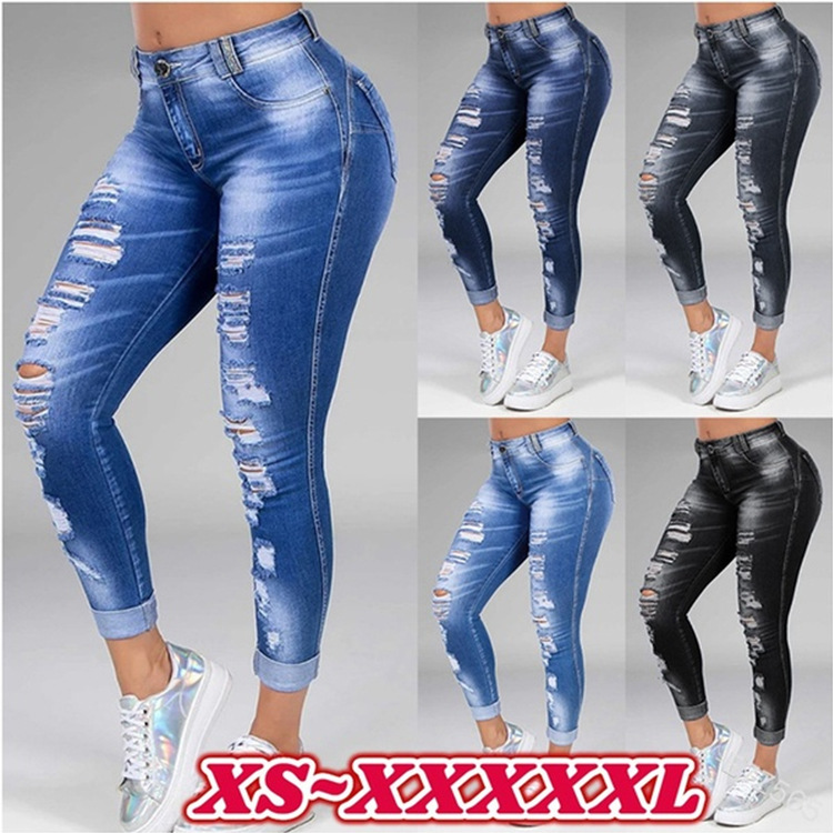 Spot Amazon wish sales women's jeans holes slim stretch jeans pants women's pants