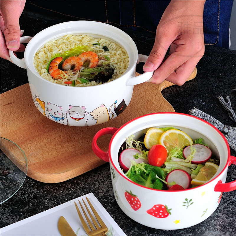 Ear Noodle Bowl with Lid Ceramic Bowl Student Bowl Household Soup Bowl 6 Inch Bowl Nordic Noodle Soup Bowl Small Family Soup Bowl