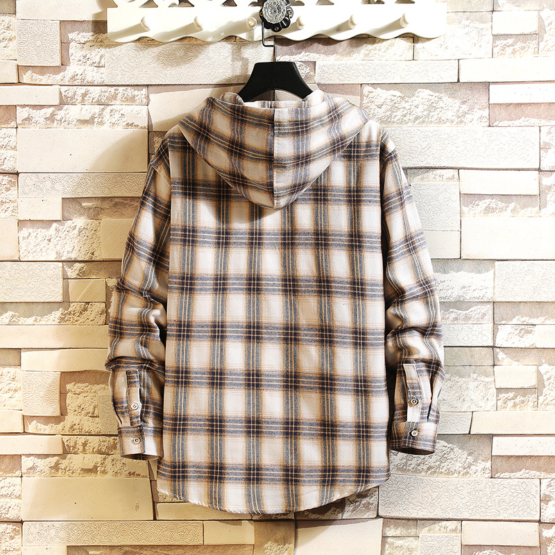 Japanese 2023 New Men's Loose Plaid Long-sleeved Hooded Shirt Large Size Fashionable Casual Shirt Jacket