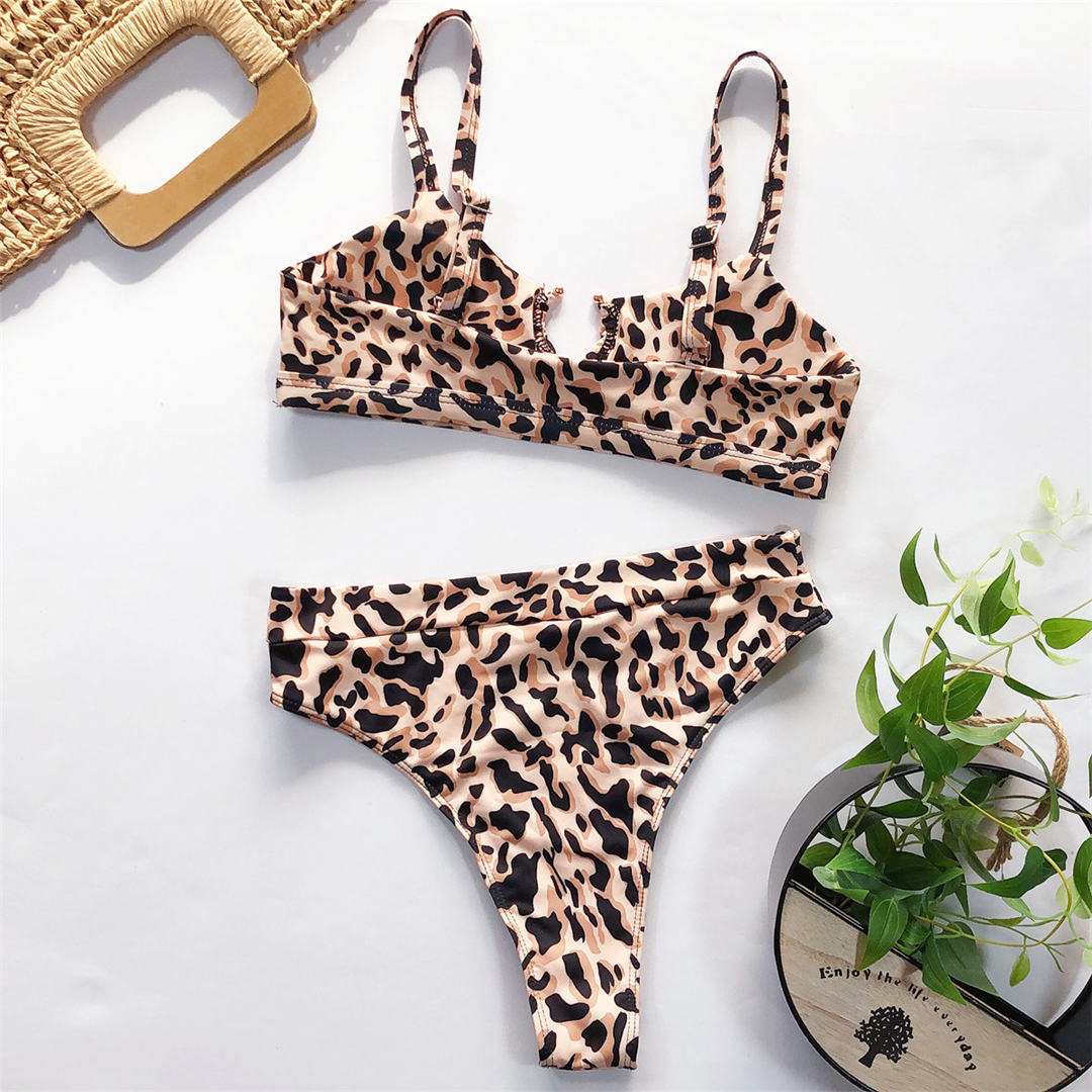 2021 New Swimwear Leopard Print bikini Women Split High Waist Swimwear Metal Ring bikini New Swimwear
