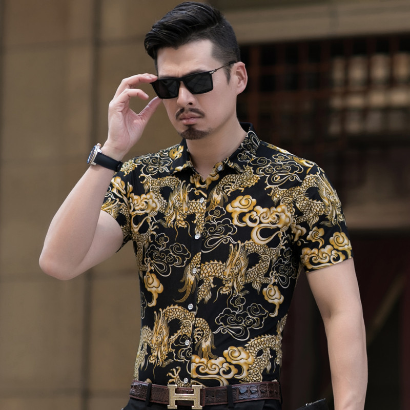 Summer Dragon Print Men's Shirt Short-sleeved Middle-aged Dad Grandpa Retro Shirt Thin Casual Men's Foreign Trade