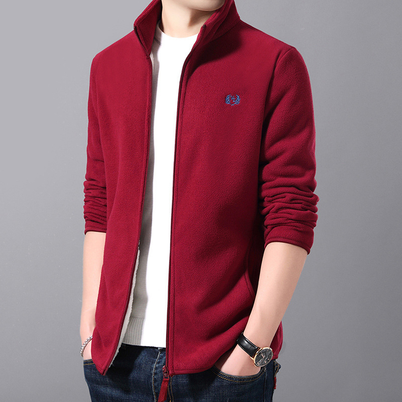 Polar fleece men's coat autumn and winter Korean style stand collar top fleece cardigan long wool fleece-lined thickened sweater