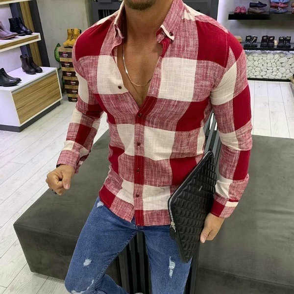 Foreign trade new Plaid large size long sleeve men's casual shirt AliExpress wish men's shirt spot fashion