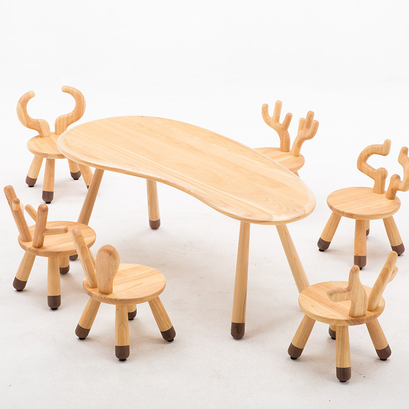 Children's Solid Wood Learning Table and Chair Set Creative Animal Kindergarten Backrest Chair Small Bench Baby Game Table