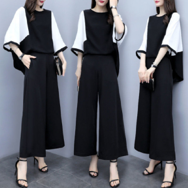 2020 New Women's Clothing Spring and Summer Two-piece Pants Stitching Loose Top Wide Leg Pants Casual Fashion Suit Women's Large Size