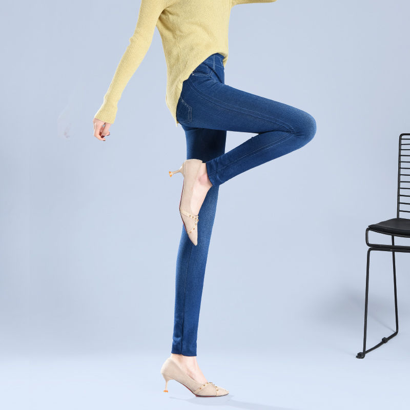 Spring and autumn four-sided high stretch imitation jeans Yiwu black leggings women wear pure blue pure black strict