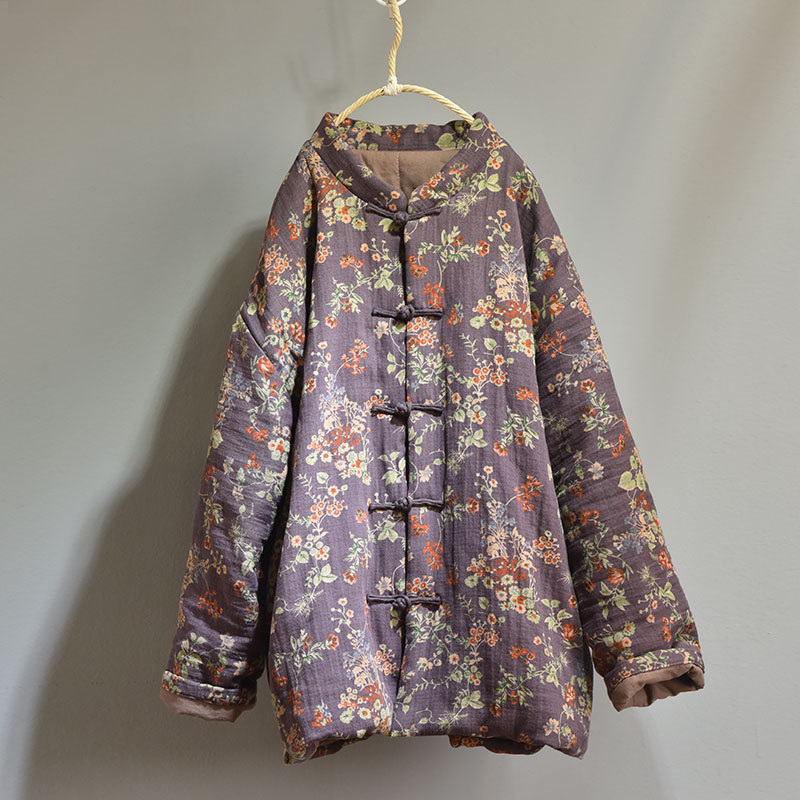 Naran/original plus size cotton and linen women's clothing Chinese cardigan stand collar casual cotton-padded clothes vintage printed warm cotton-padd_voghion.com