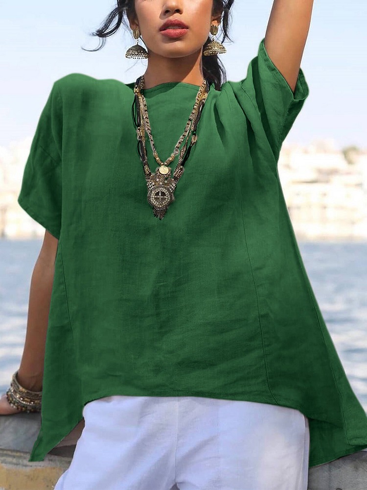 2023 European and American Cross-border Spring and Summer Solid Color Cotton and Linen Shirt Irregular Hem Short Sleeve Stitching Loose Round Neck Top for Women