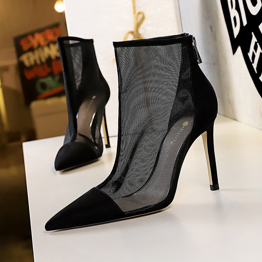 316-2 European and American Sexy Nightclub Slim Perspective Mesh Hollow High Heels Women's Shoes Stiletto Heel High Heel Pointed Ankle Boots