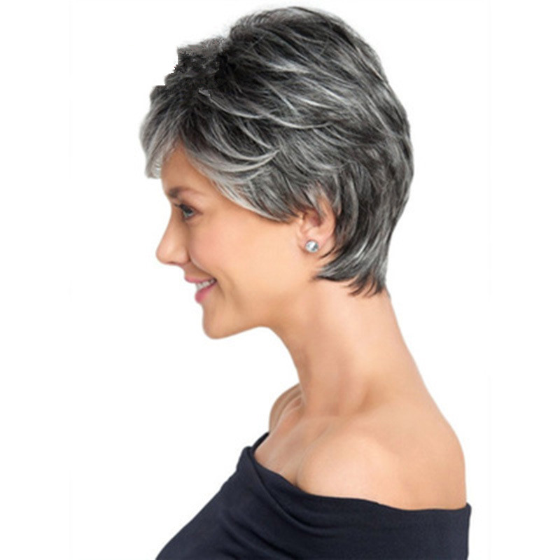 Außenhandel neue Mode Farbverlauf silbergrau Damen Kurzhaarperücke schräger Pony Hochtemperatur-Seidenperücke_voghion.com