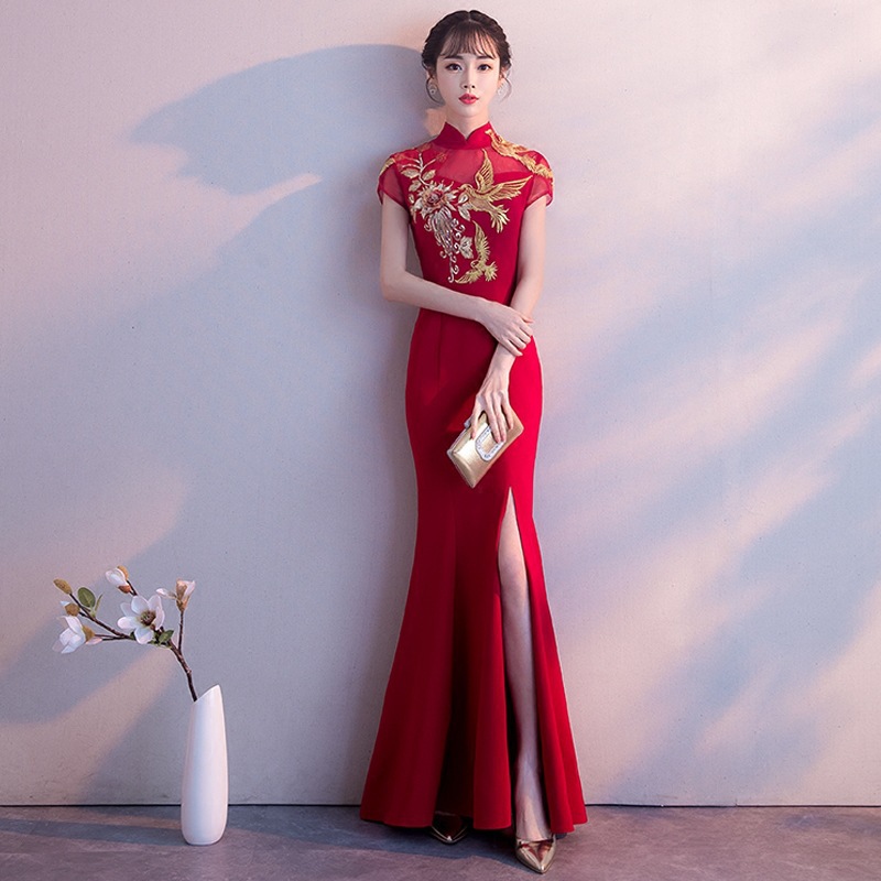 Chinese Bride Toasting Dress Cheongsam 2023 New Summer Red Fishtail Long Wedding Dress Women's Chinese Style