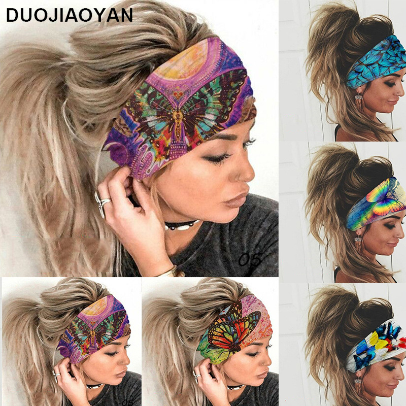 Europe and the United States cross-border hot-selling stretch hair band color big butterfly printing sports hair band sweat-absorbent headscarf women's headwear