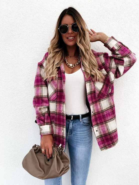 ebay AliExpress wis ins Internet Popular Autumn and Winter Loose Casual Retro Plaid Long Sleeve Shirt Jacket for Women