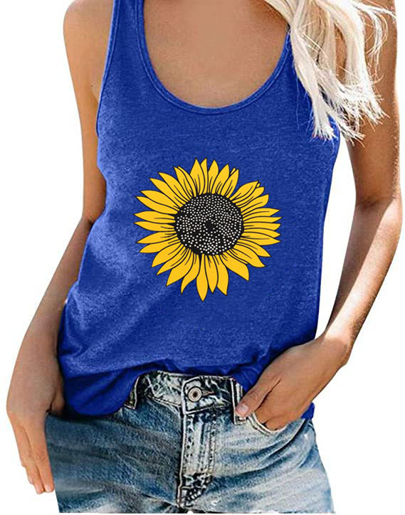 2021 Summer Cross-border Amazon Explosions Women's Top Sunflower Printed Sleeveless Vest Round Neck Women's T-Shirt