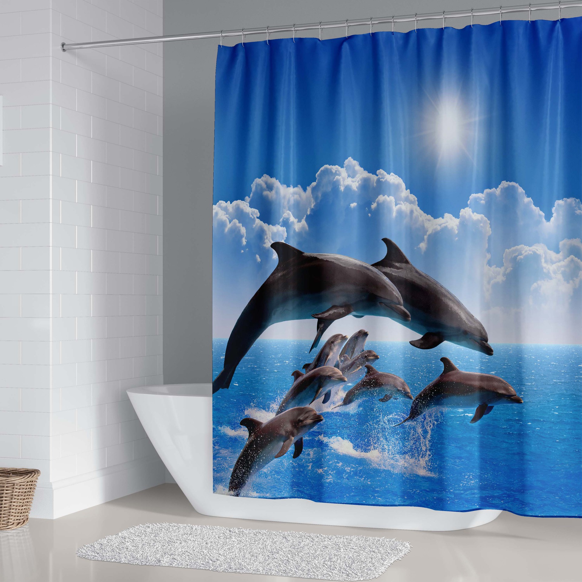 Cross-border Shower Curtain Jumping Dolphin Shower Curtain Set Digital Printing Polyester Shower Curtain Punch-free Bathroom Curtain Partition Bath Cover