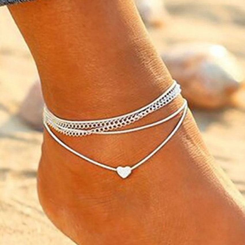 New European and American Beach love multi-layer anklet manufacturers wholesale retro Silver foot ornaments heart-shaped good selling products