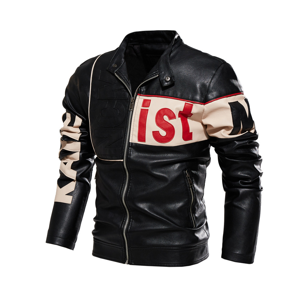 Cross-border Men's Jacket 2021 New Men's Trendy Bike Clothing Color Block pu Jacket Fleece Beige Leather Men