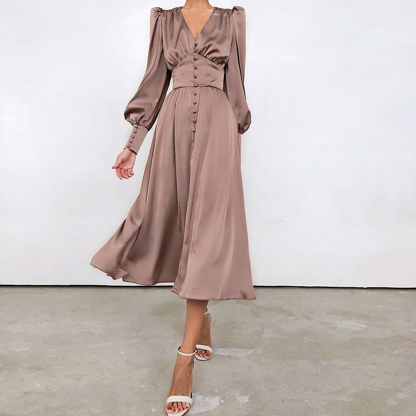 2024 Spring New Satin Dress Women's Design Sense Lantern Sleeve Tight Waist Slimming European and American Elegant Slim-Fit Dress