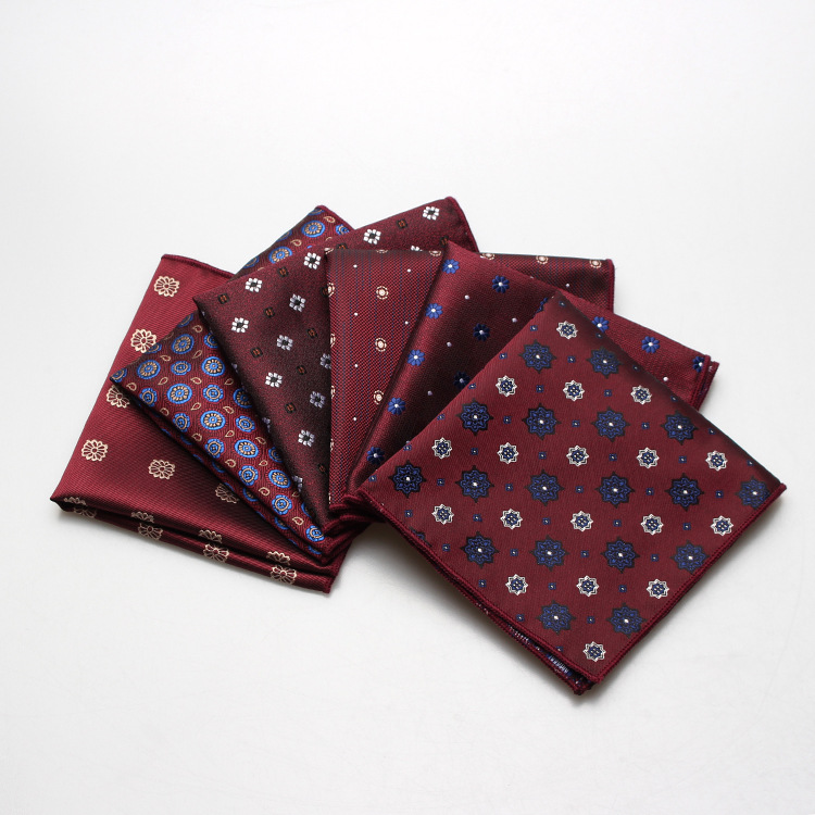 Men's formal wear business Wedding actor suit polyester wine red pattern pocket towel can be equipped with gift box