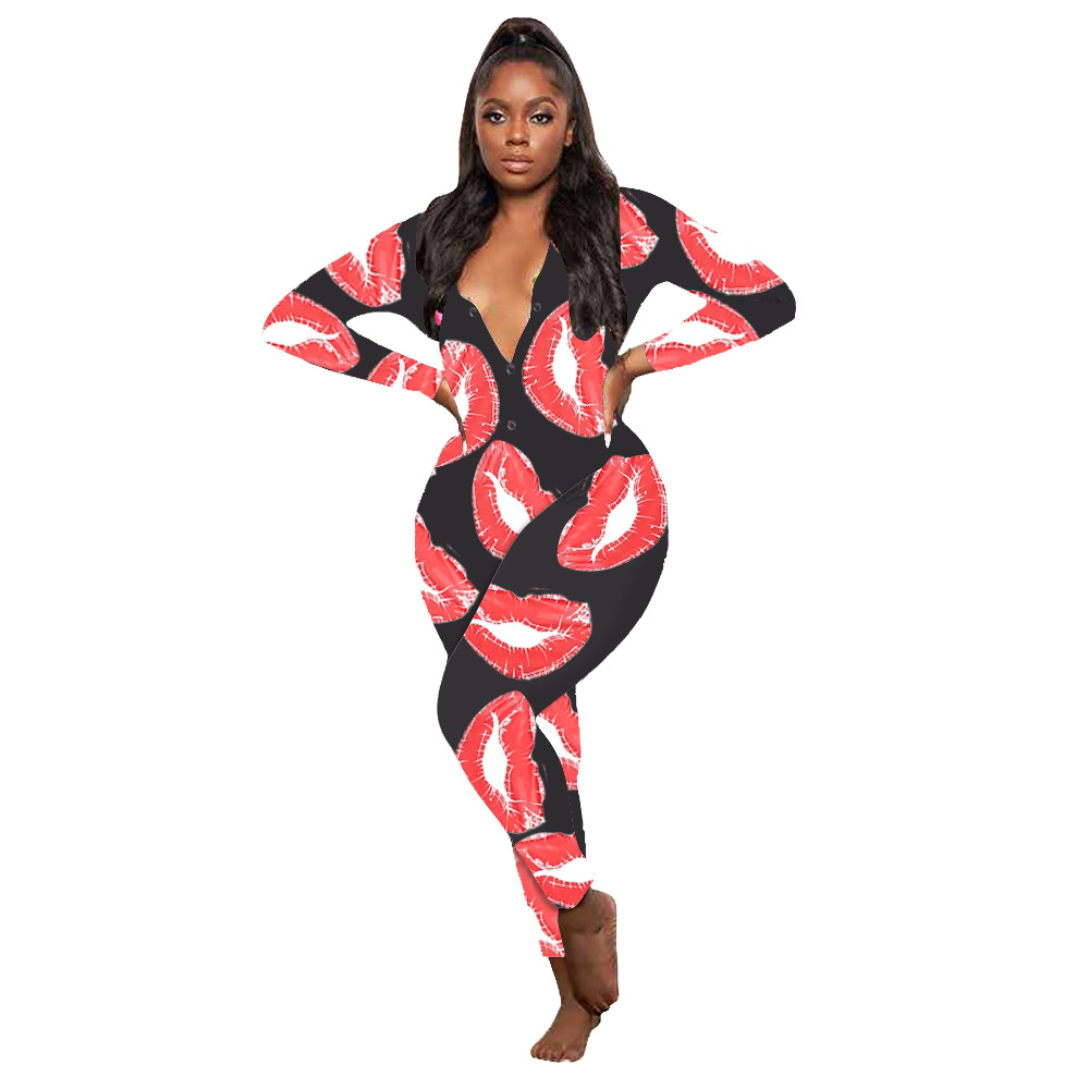 D9461 Amazon Hot Cross-border European and American Women's Casual Lip Print Long Sleeve Trousers Home Jumpsuit