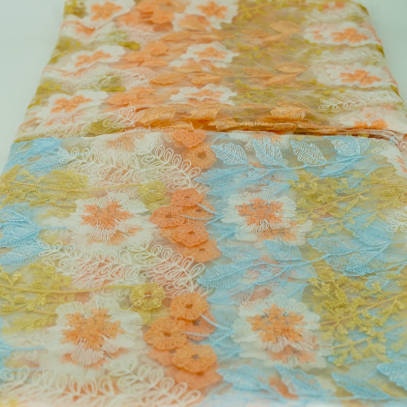 Mesh Fabric Blue Milk Silk Embroidered Cloth Wedding Dress Cheongsam Clothing Fabric Handmade diy Cloth