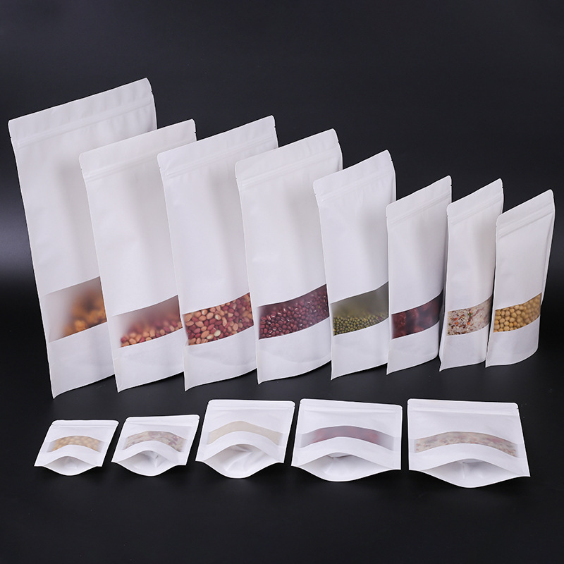 Factory wholesale kraft packaging paper bag window transparent frosted self-sealing bag white food packaging bag sealed bag