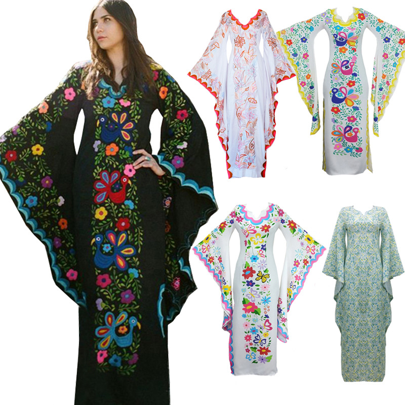 European and American Women's Autumn and Winter Long Dress Bohemian Evening Dress Amazon Explosive Bat Sleeve Printed Dress