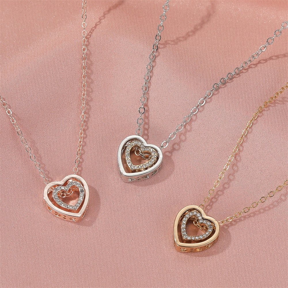 Japanese and Korean Style Simple Double Love Necklace Fashion All-match Full Diamond Hollow Crystal Double Heart Pendant Clavicle Chain Trendy Jewelry