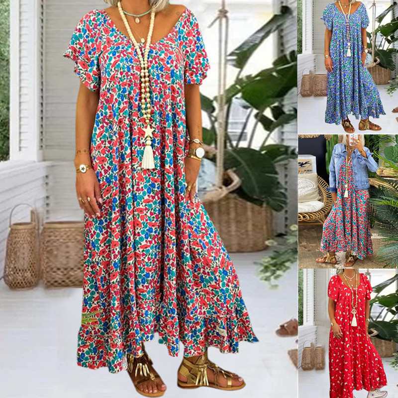 Cross-border 2022 Summer New Amazon Hot Selling European and American Loose Large Size Long Printed Bohemian Dress