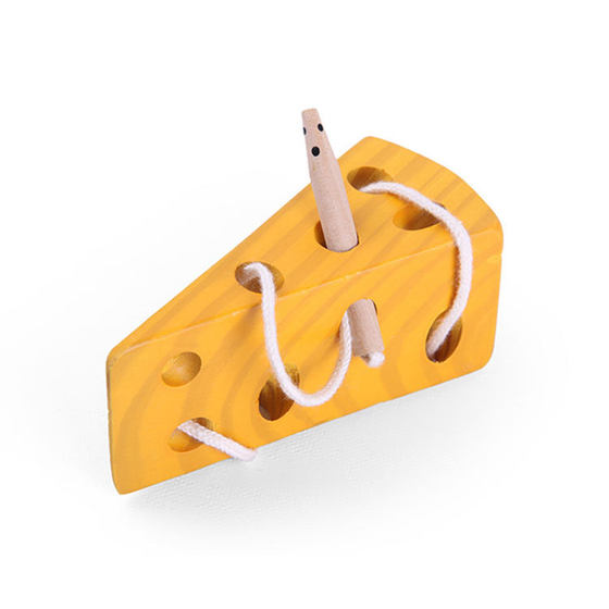 Early childhood education children wearing rope toy mouse cheese wooden baby educational pull string threading toy game wholesale