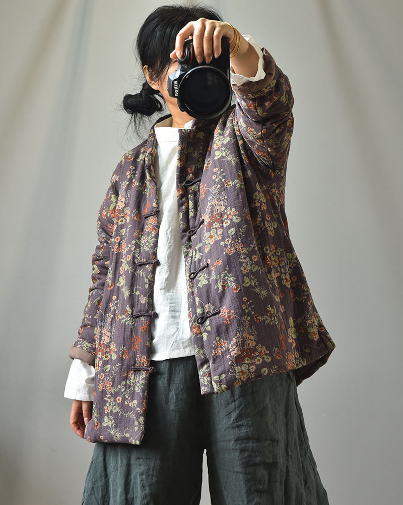 Naran/original plus size cotton and linen women's clothing Chinese cardigan stand collar casual cotton-padded clothes vintage printed warm cotton-padd_voghion.com